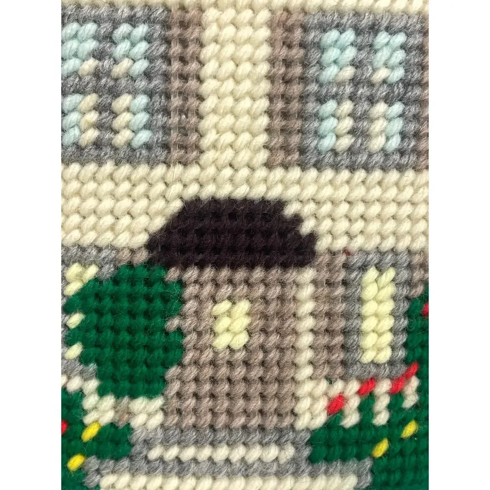 Vintage Needlepoint Tissue Box Cover House Cottage Plastic Canvas Handmade Craft
